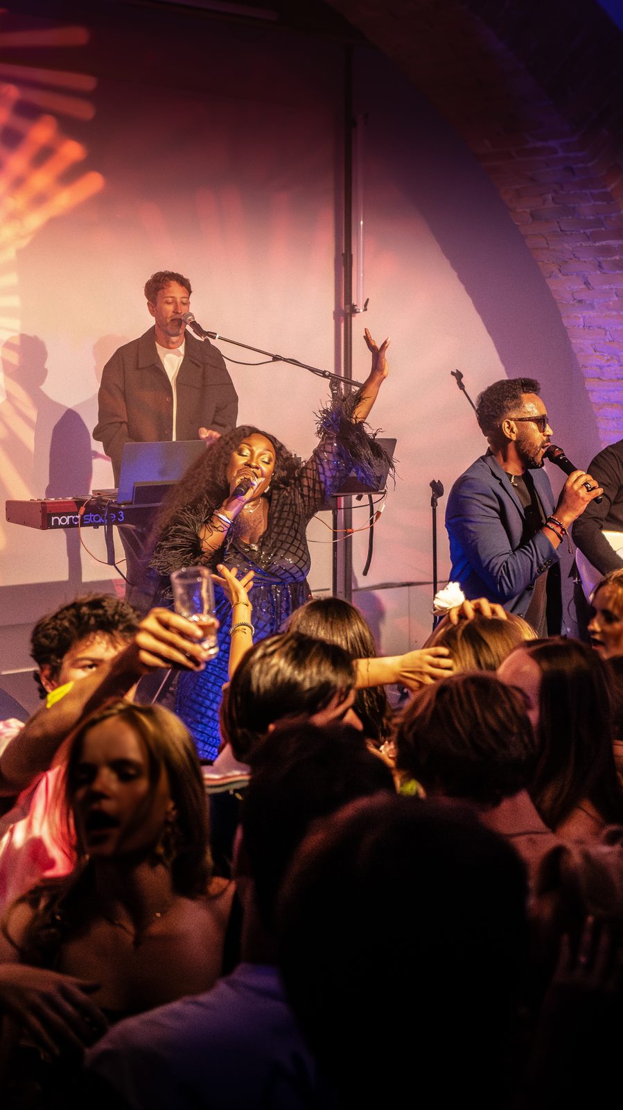 Dora Live Band performing under a vaulted stone ceiling at a private castle party near Vienna, Austria