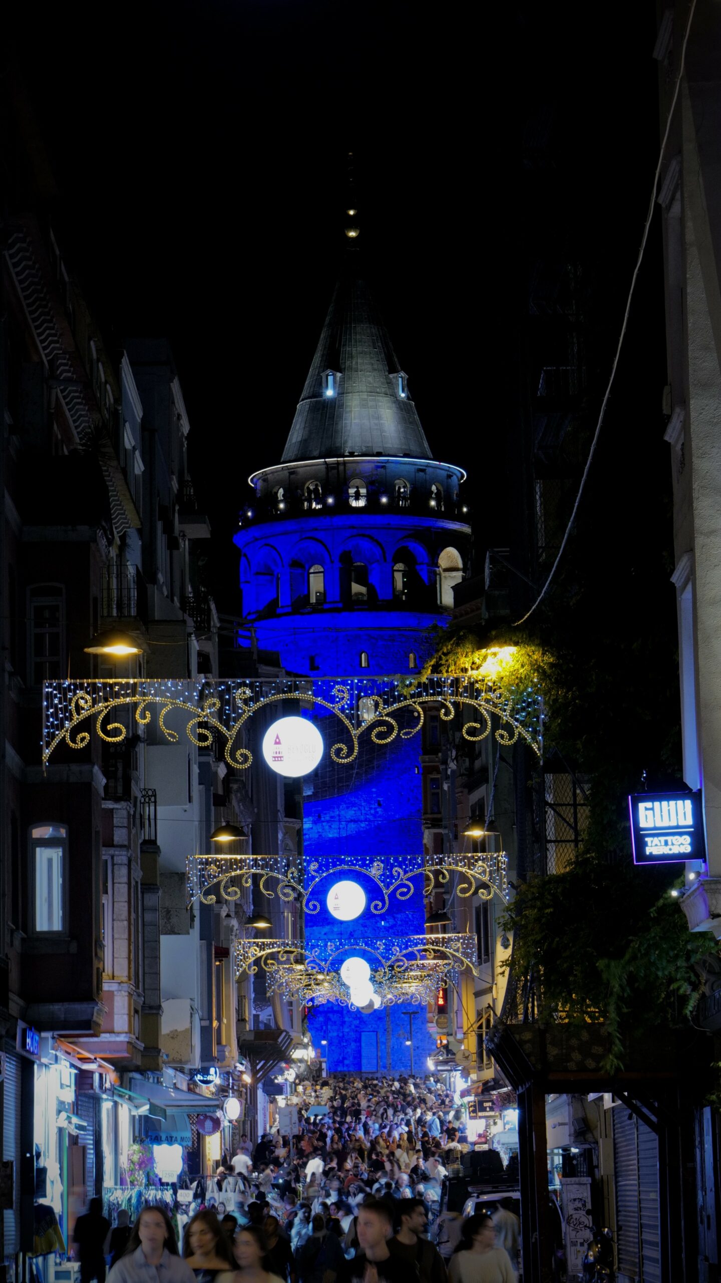 Galata Tower illuminated at night, Istanbul, Turkey