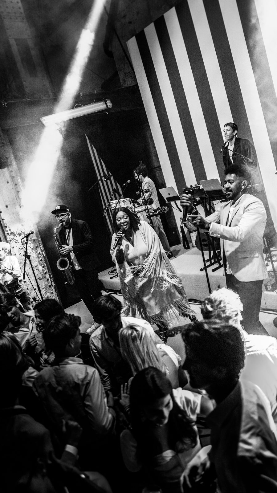 Dora Live Band on stage among industrial steel beams, Vienna, Austria